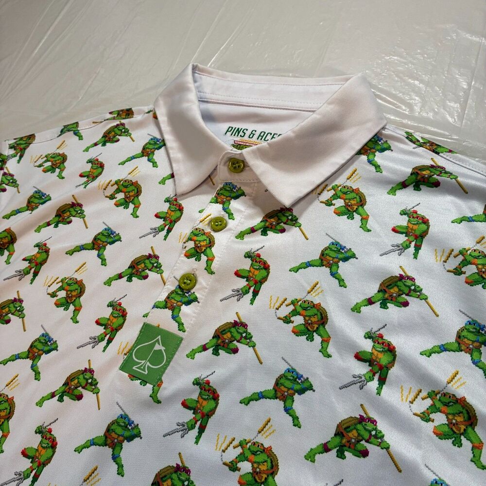 Pins & Aces Polo Shirt Mens XL White Teenage Mutant Ninja Turtles AOP Golf